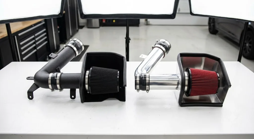 Cold air intake kits for Honda Civic Si — cone filter and aluminium intake pipe comparison on workshop bench