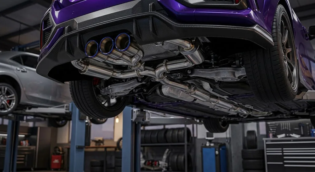 Aftermarket cat-back exhaust hardware on a Honda Civic Type R FK8