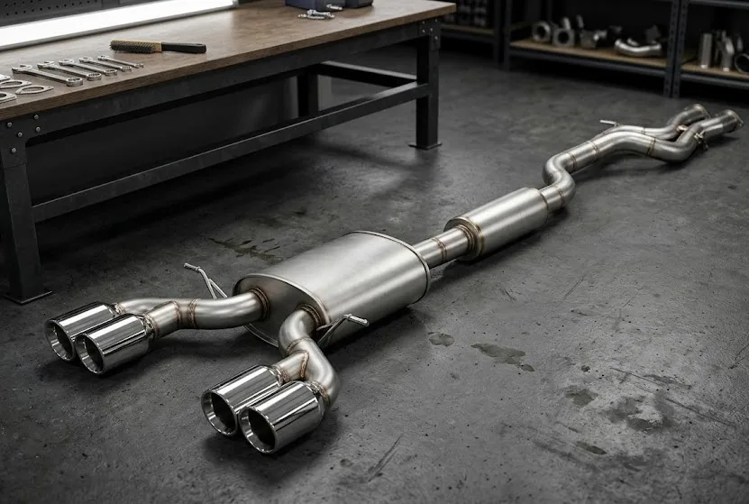 Aftermarket cat-back exhaust systems under $500 — stainless steel tips and muffler canister on workshop floor