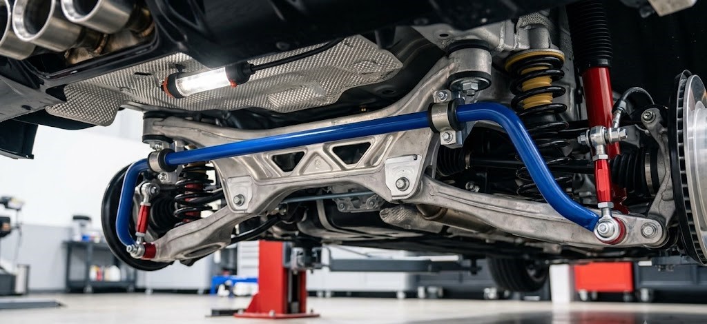 Rear suspension view showing an aftermarket sway bar and adjustable end links on a Honda Civic Type R