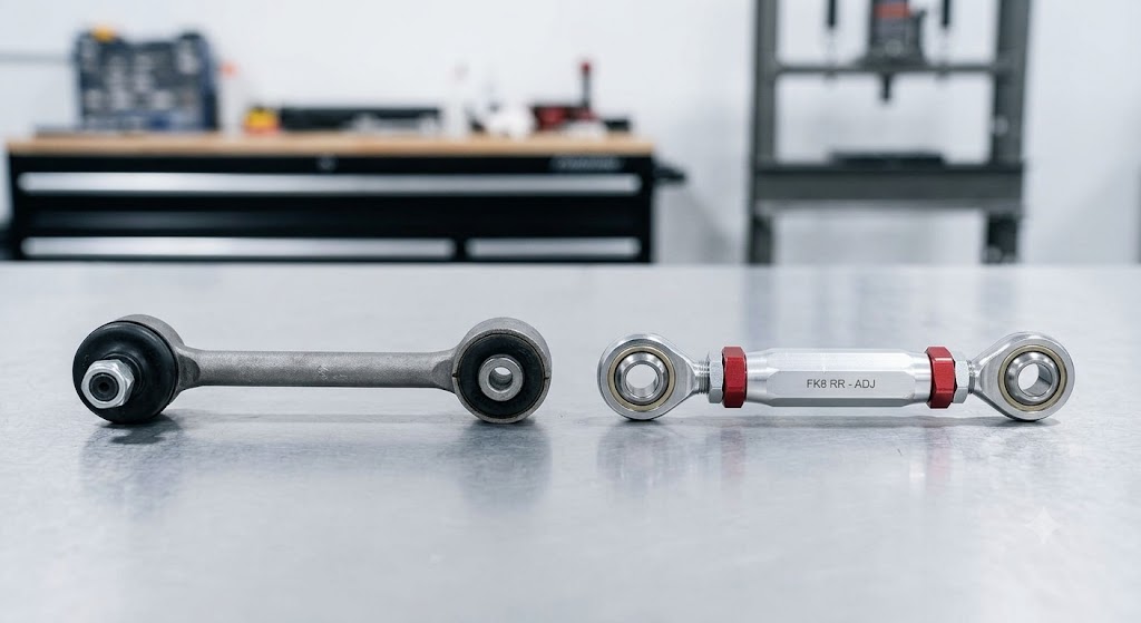 OEM and adjustable sway bar end links compared on a workshop bench