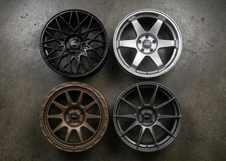 Four aftermarket wheel options for 10th gen Honda Civic — gloss black, silver, bronze and gunmetal alloy wheels