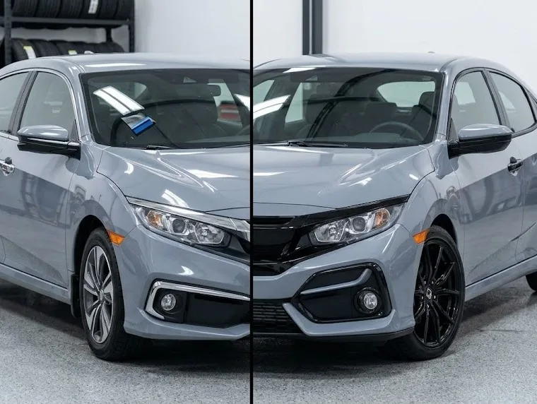 Honda Civic chrome delete before and after comparison — gloss black vinyl vs stock chrome trim