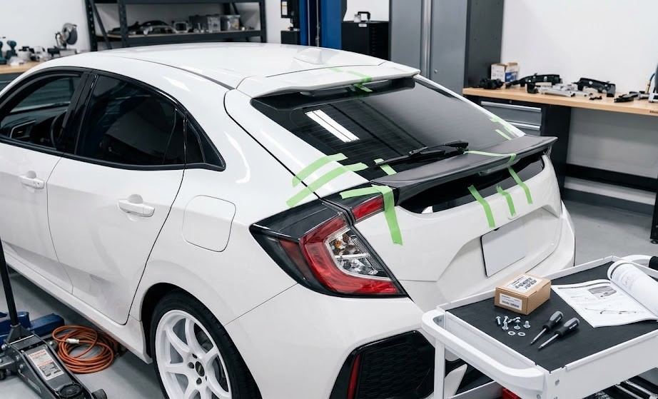 Honda Civic ducktail spoiler test fitting on the hatch