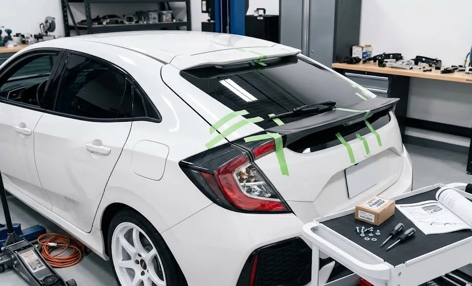 Honda Civic ducktail spoiler test fitting on the hatch
