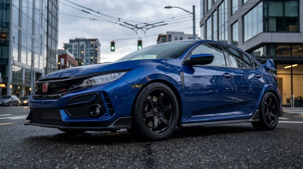 Honda Civic Type R FK8 on aftermarket wheels and performance all-season tires on a wet city street