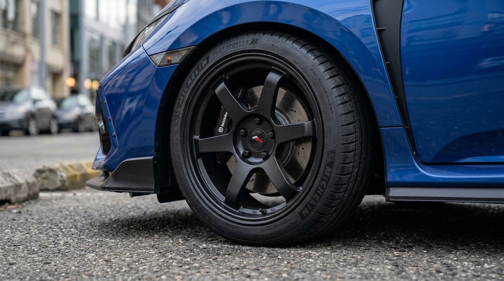 Close view of a Civic Type R aftermarket wheel and performance street tire