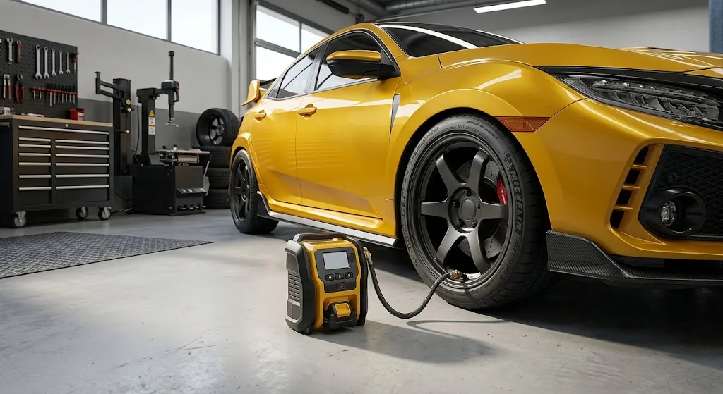 Portable tire inflator connected to a modified Honda Civic Type R FK8