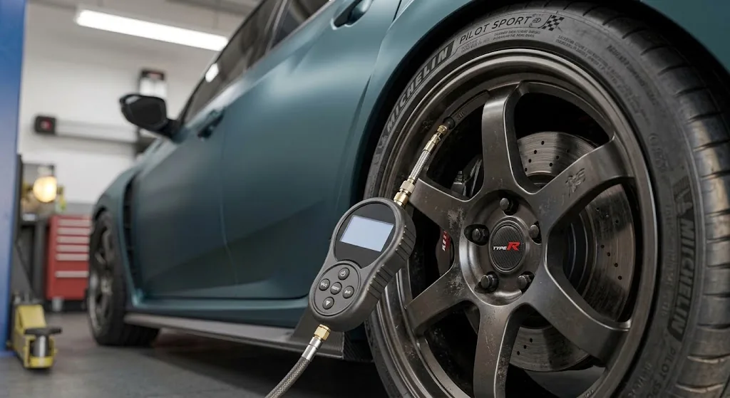 Tire pressure gauge connected to a performance tire on a Civic Type R FK8
