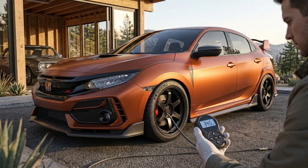 Modified Honda Civic Type R FK8 being prepared for a tire-pressure check