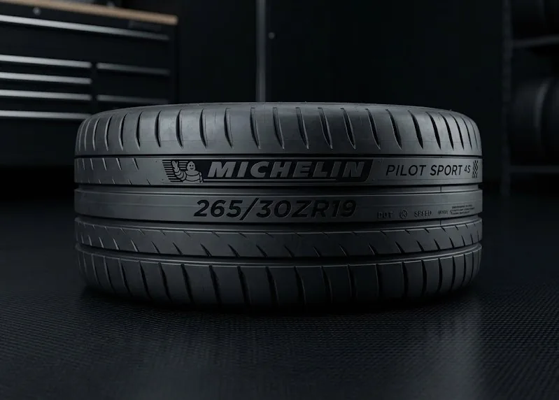 265/30ZR19 performance tyre sidewall markings and tread pattern detail for Honda Civic Type R