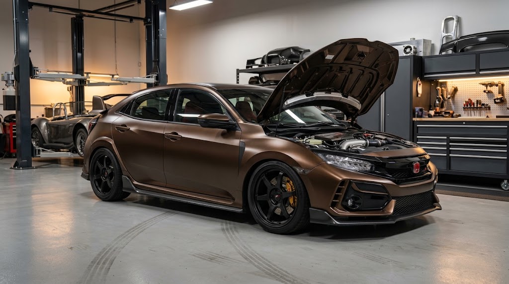 Modified Honda Civic Type R FK8 with upgraded intake components inside a professional performance garage