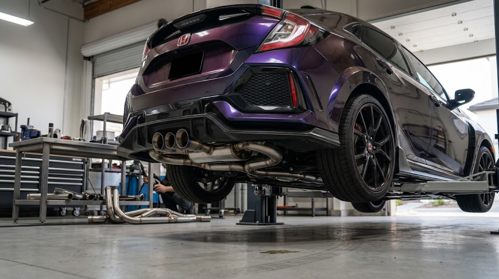 Honda Civic Type R FK8 exhaust system and resonator components in a professional exhaust workshop