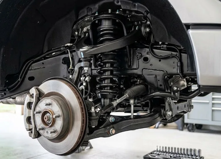 Ford F-150 front suspension components showing coil spring, strut and leveling spacer installation detail