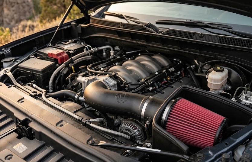 Ford F150 5.0L engine bay with aftermarket cold air intake installed