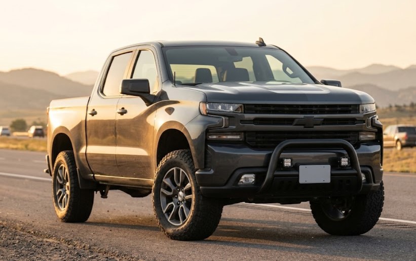 Chevy Silverado 1500 with leveling kit at sunset