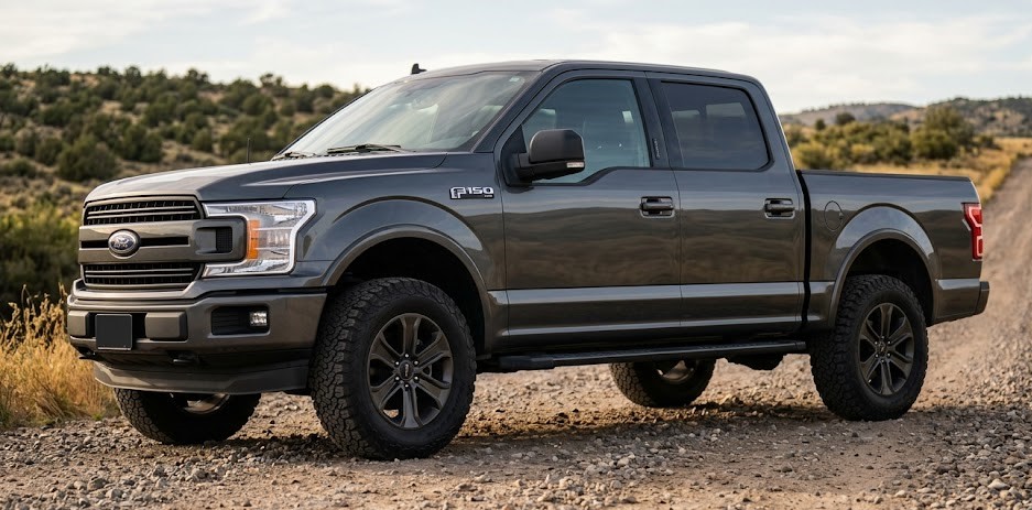 Ford F150 on a gravel road with all-terrain tires