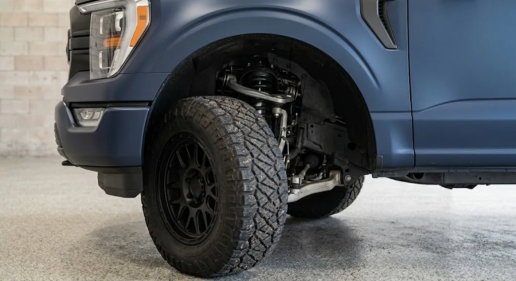 Close-up of all-terrain tire and fender clearance on a leveled Ford F-150