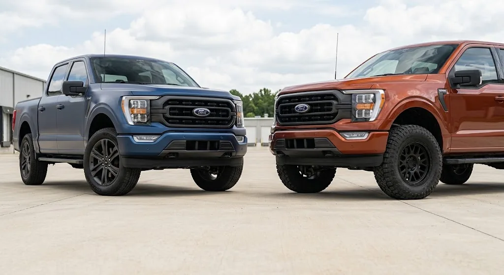 Two leveled Ford F-150 trucks showing different all-terrain tire-size approaches