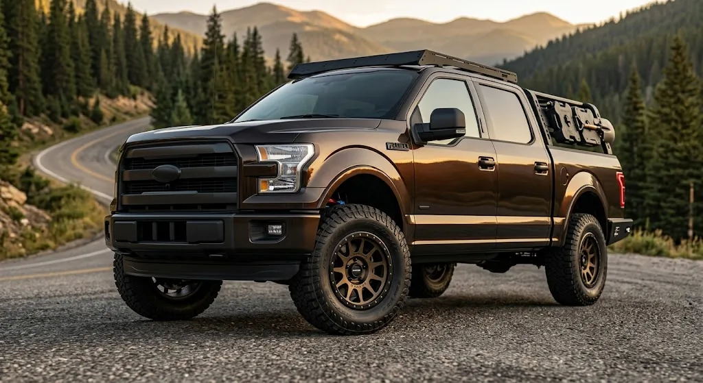 Leveled Ford F-150 with aftermarket wheels and all-terrain tires
