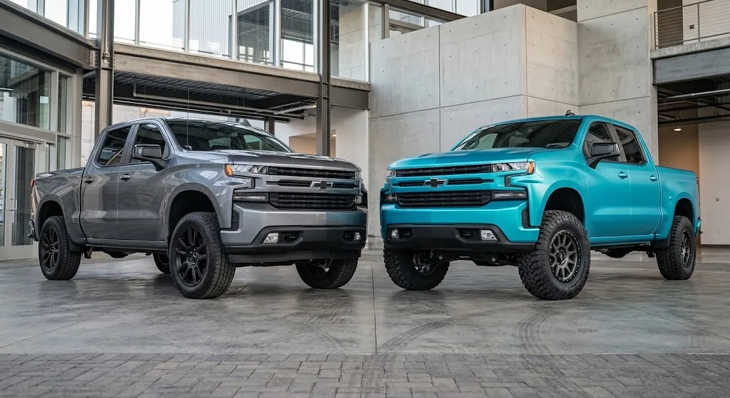 Two modified Chevrolet Silverado 1500 trucks showing different leveled tire-size approaches