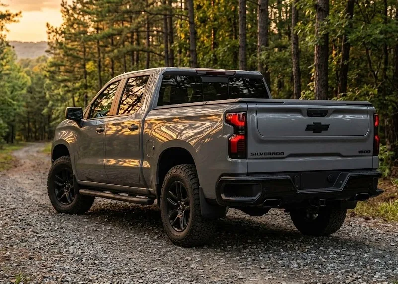 OEM+ Chevy Silverado rear three-quarter view — completed build with leveling, all-terrain tyres and clean exterior
